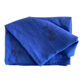 Nappe ancienne brodée main, motifs floraux - Bleu océan - Lin -160x155 cm