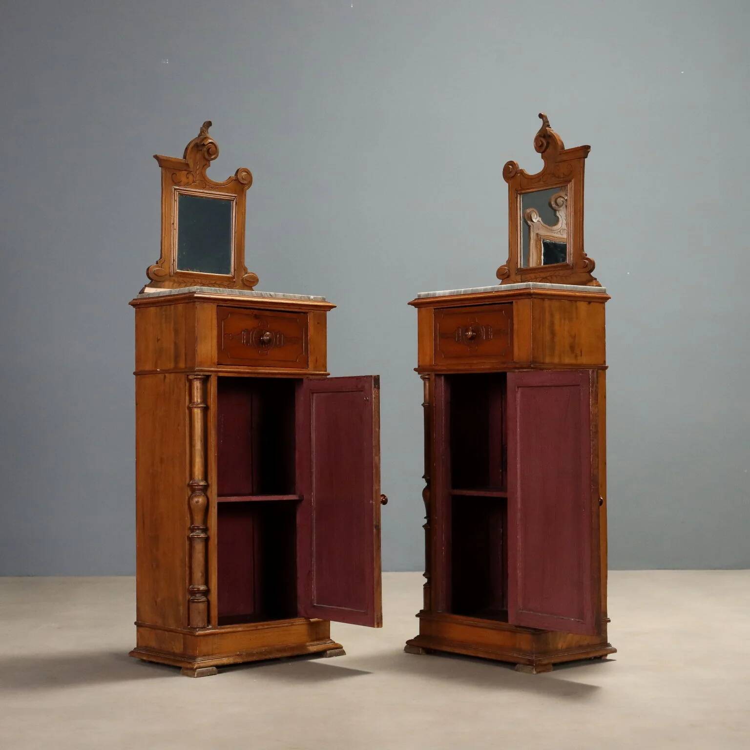 Antique walnut bedside tables with grey marble, Italy, 19th century.