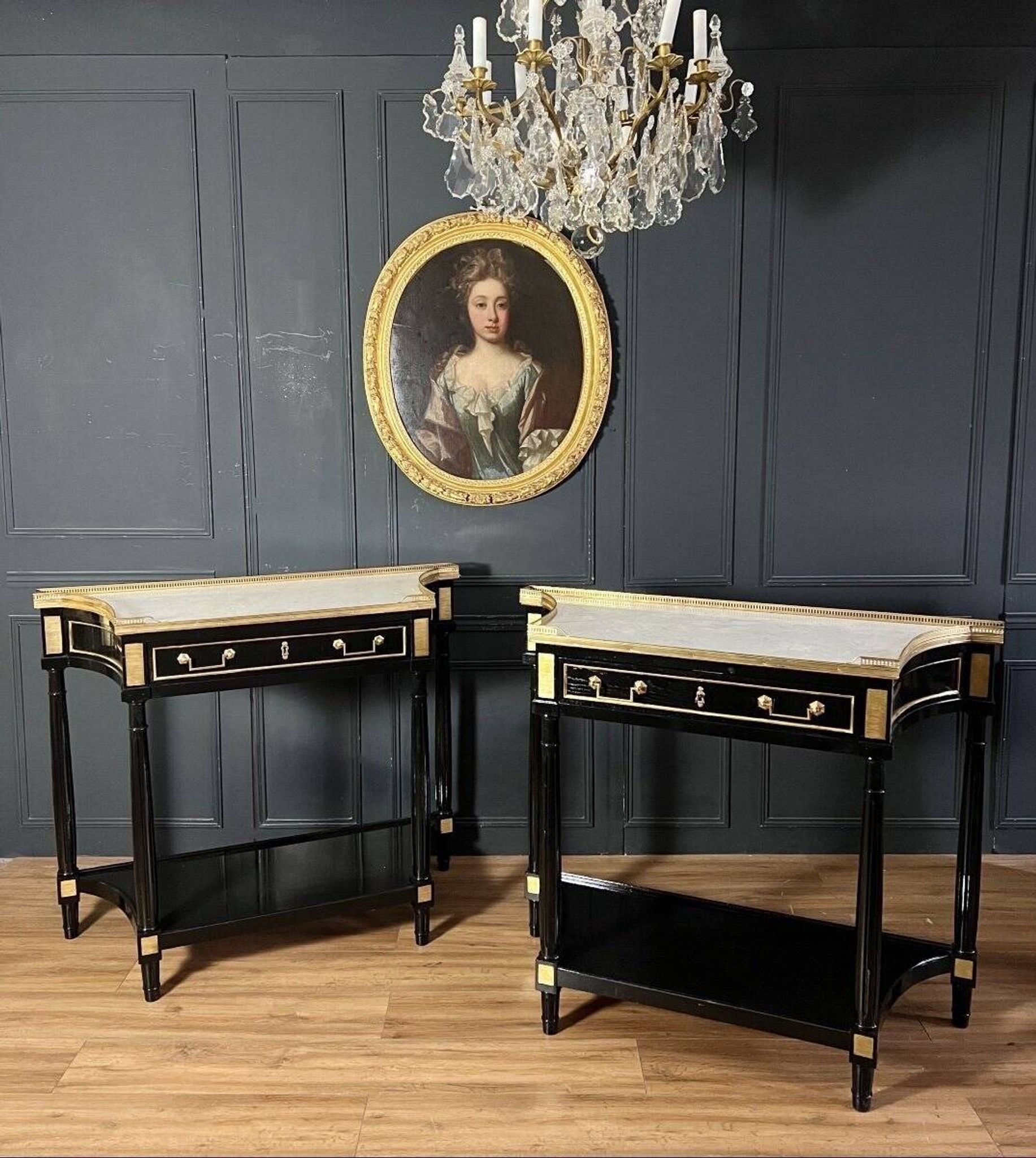 Pair of Louis XVI Style Black Lacquered Wood Console Tables