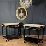 Pair of Louis XVI Style Black Lacquered Wood Console Tables
