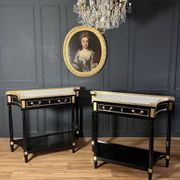 Pair of Louis XVI Style Black Lacquered Wood Console Tables