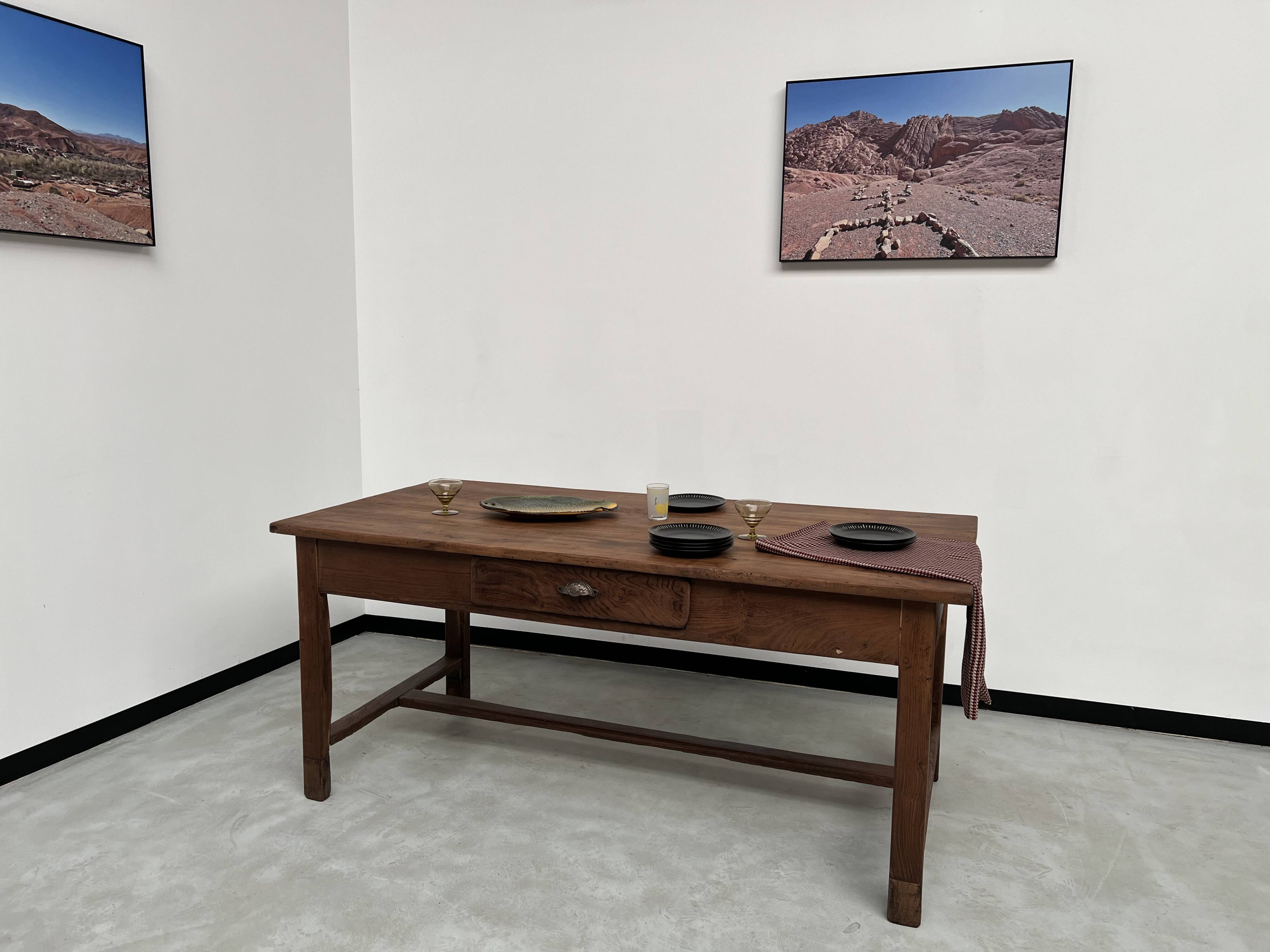Antique work table in solid cherry and acacia