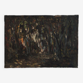 Peinture abstraite huile sur toile «  La Forêt » Amsterdam vers 1950