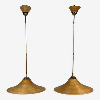 Pair pencil reed rattan bamboo and brass pendants, Italy 1970s