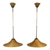 Pair pencil reed rattan bamboo and brass pendants, Italy 1970s