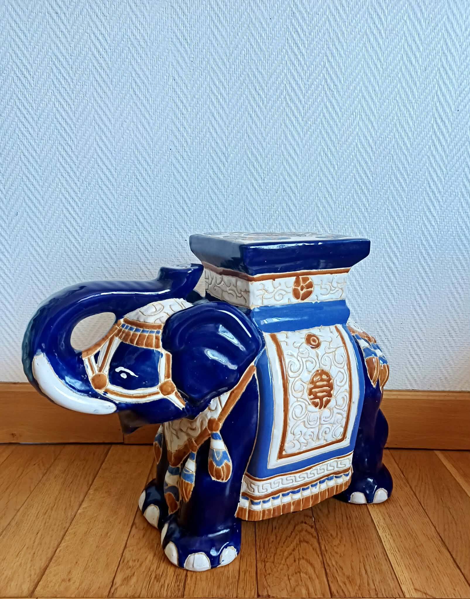 Stool or elephant plant stand in blue ceramic