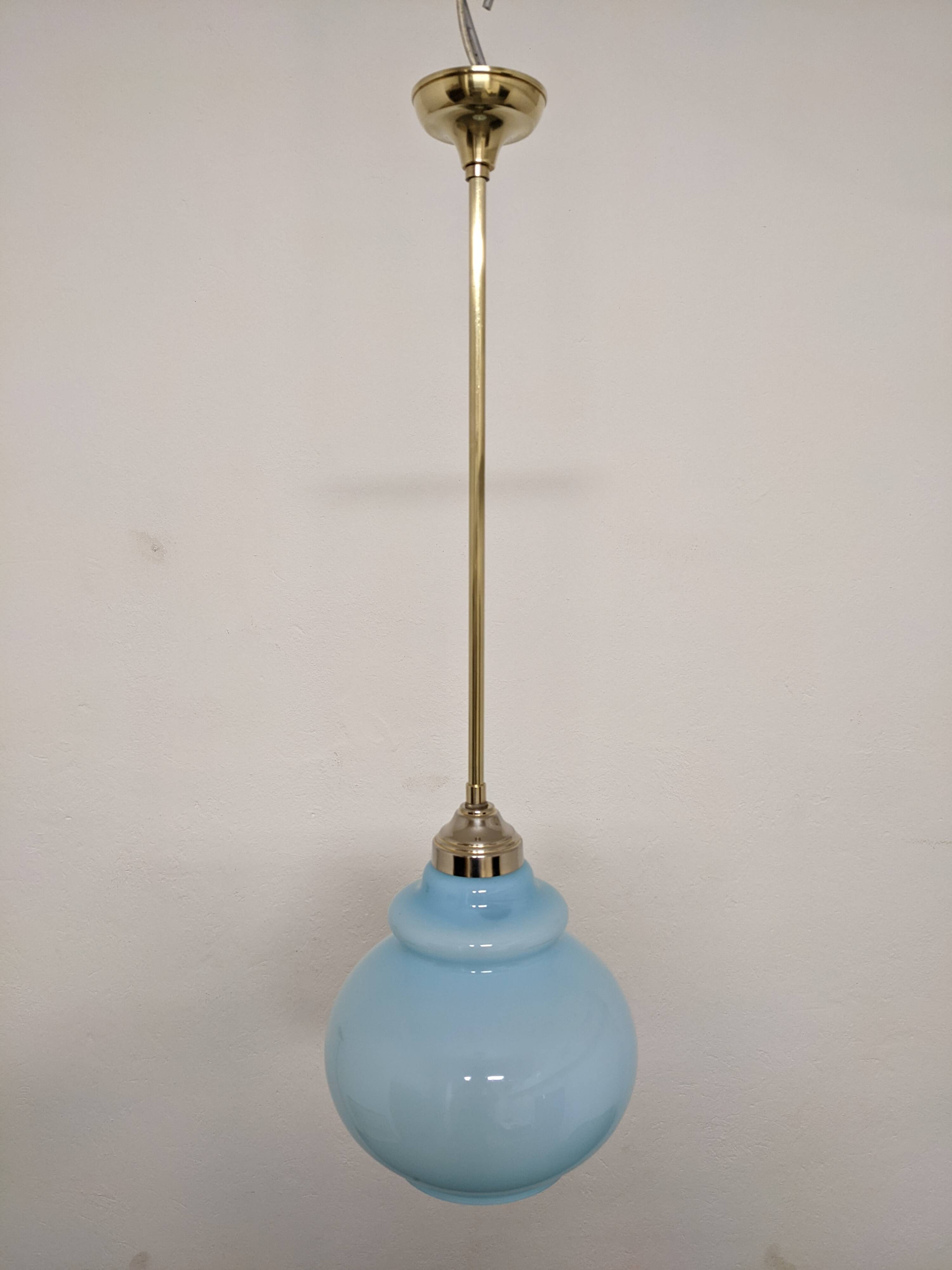 Art Deco style pendant lamp in brass and blue opaline
