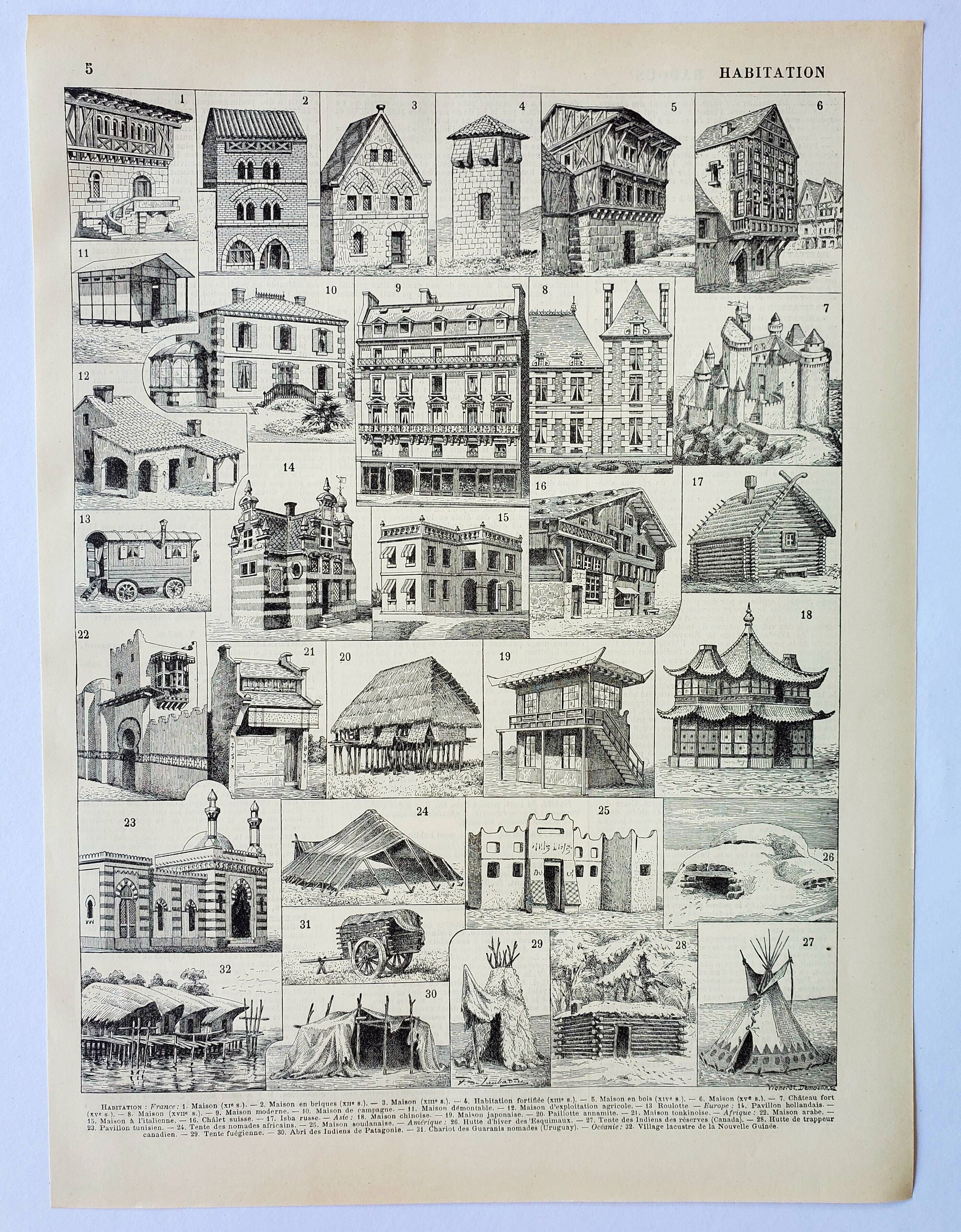 Old engraving 1898, Old dwelling 2, architecture • Original and vintage lithograph