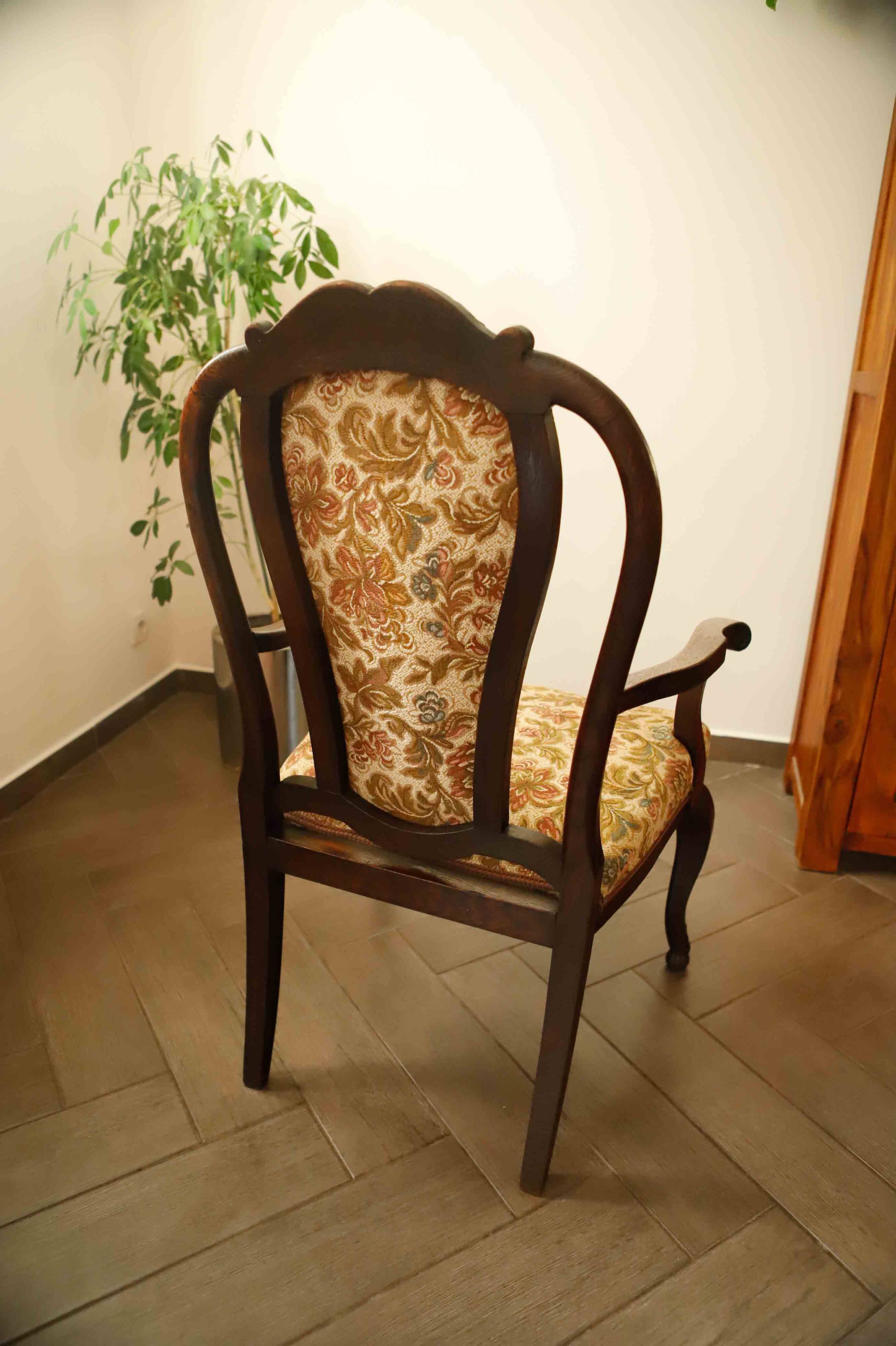 Antique Queen Anne Revival Carver Armchair with Floral Tapestry Upholstery
