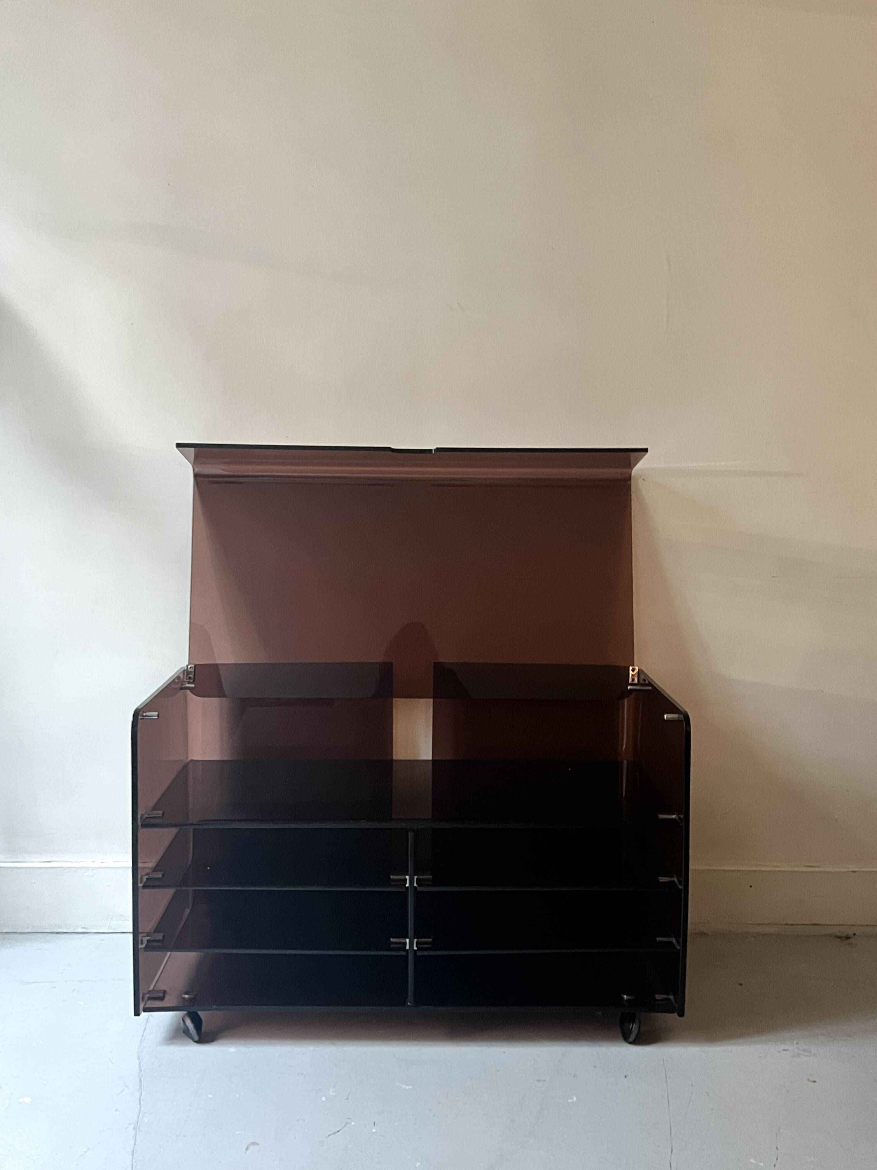 Smoked plexiglass TV/HiFi unit, Roche Bobois design 1970