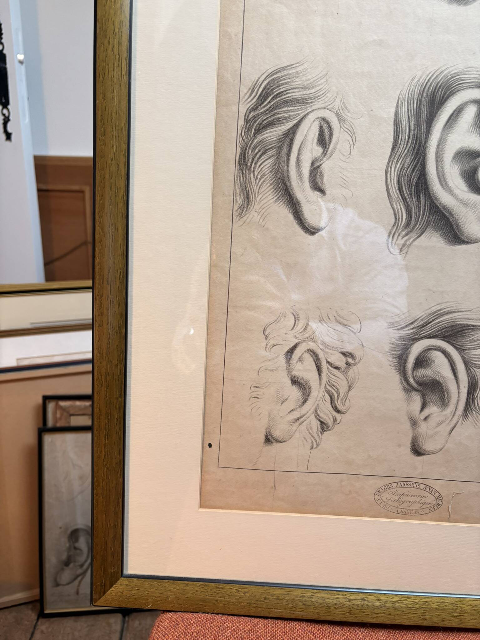 Old Print Engraving 19th Century Framed Academic Study Ear Van Bree