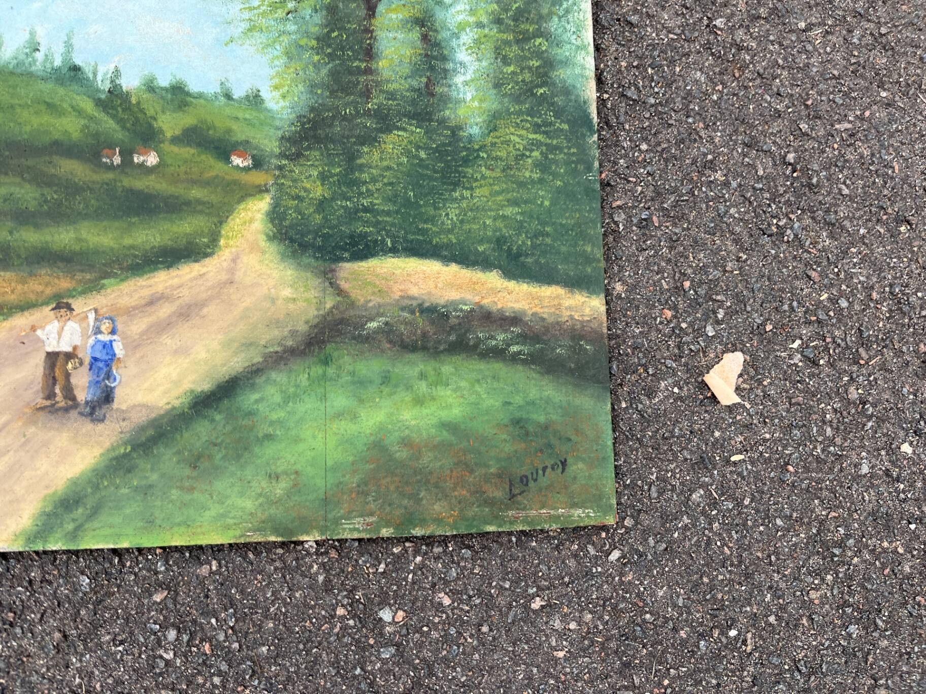 Oil painting landscape countryside signed Louroy - Characters
