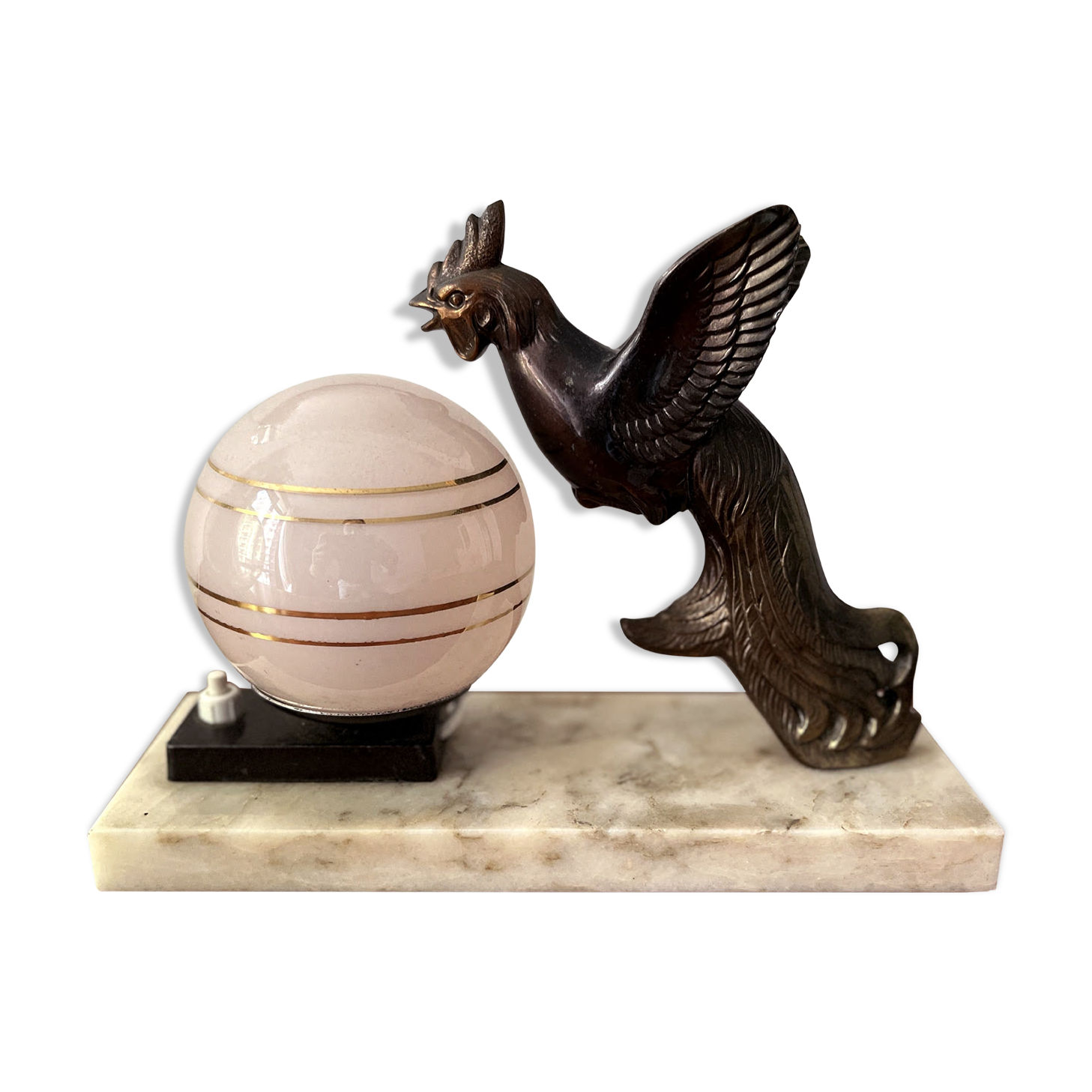 Art Deco lamp marble bird and pink opaline 1930s/40s