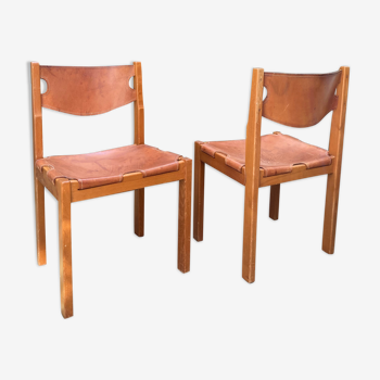 Vintage elm and leather chairs 70s