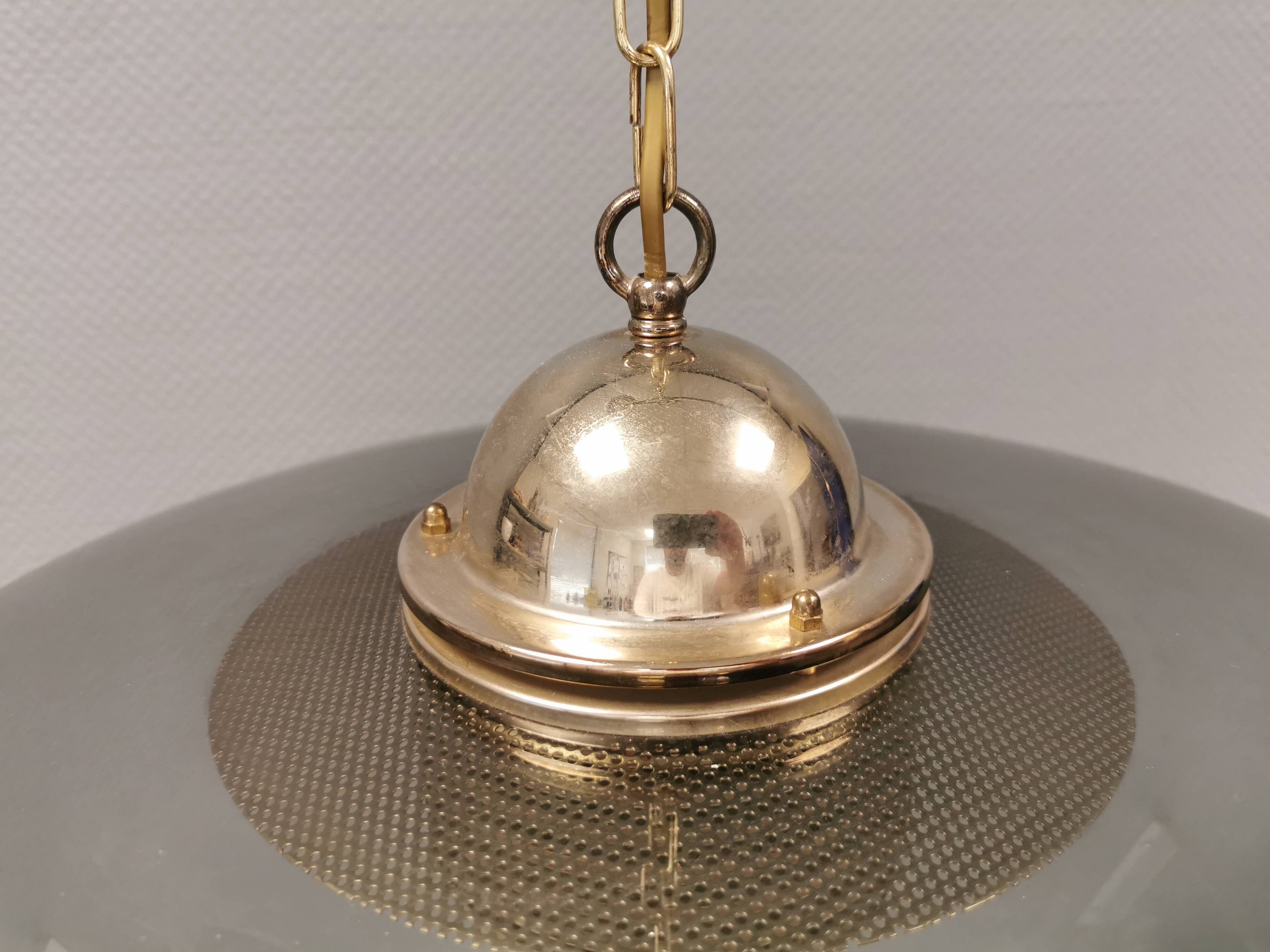 Original Belid T 391 pendant light in gold-coloured metal and smoked glass