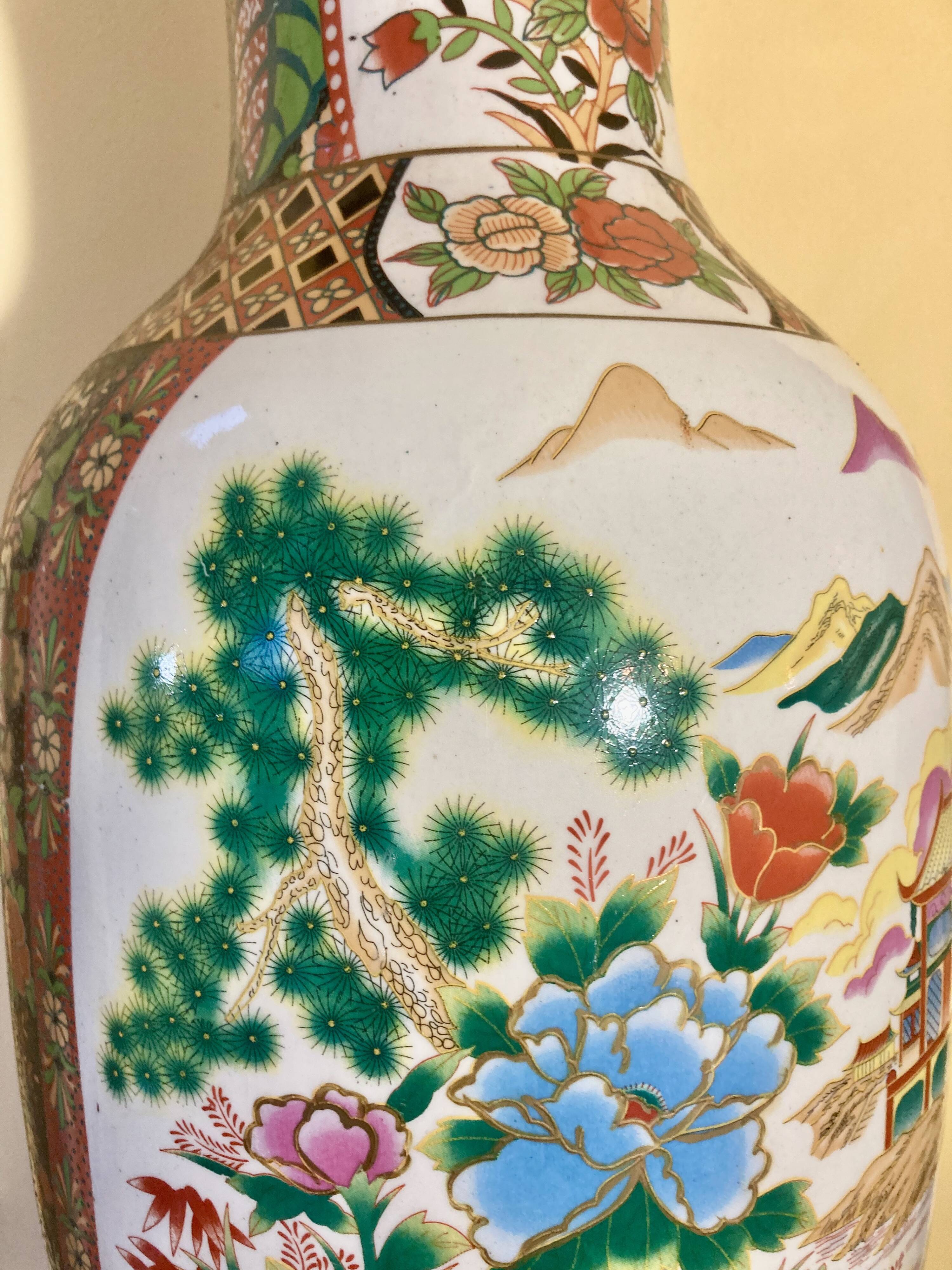 Chinese baluster porcelain vase with polychrome decoration of flowers and pagoda size xxl