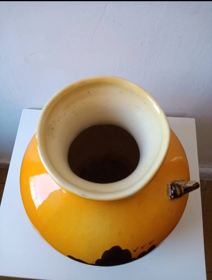 Vintage Craft Vase 'Country Scene' - Glossy Ochre Yellow Enamel