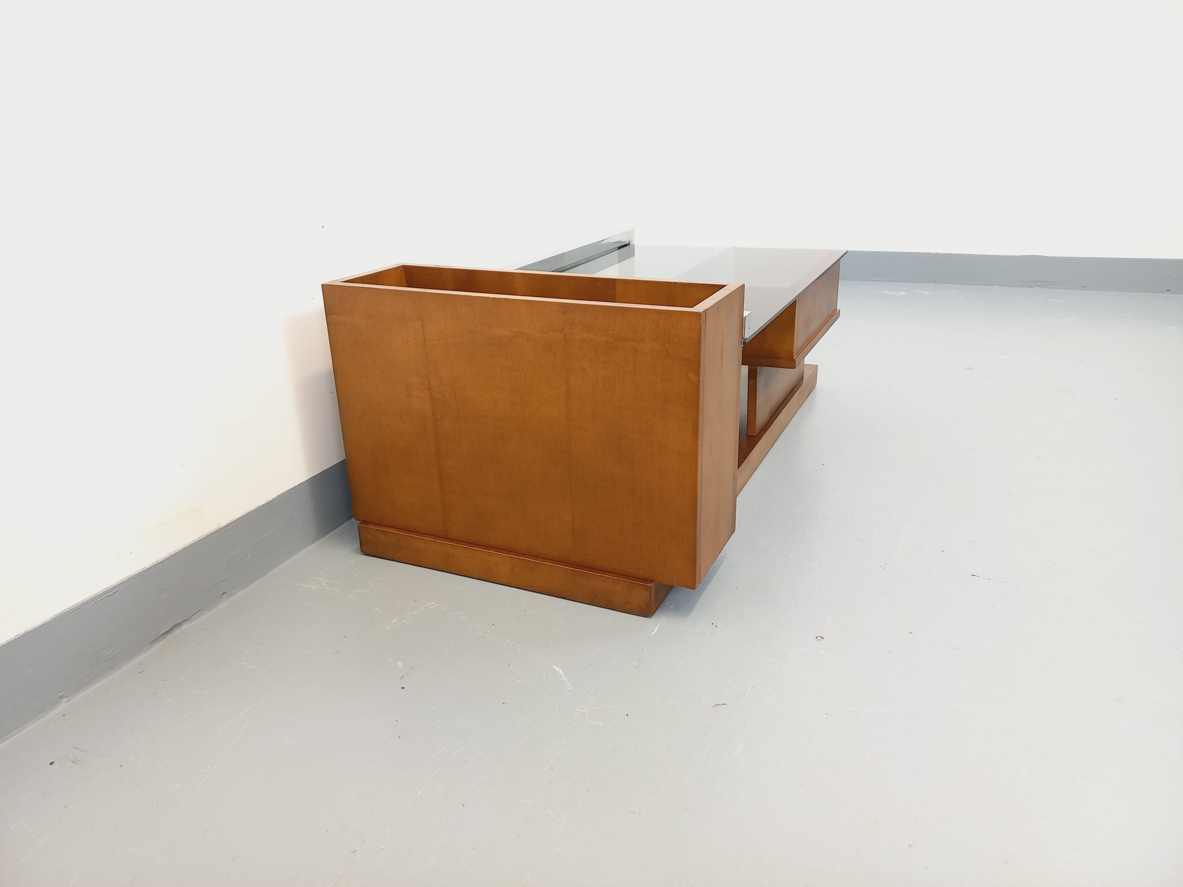 Rectangular vintage modernist coffee table with wooden niches, chrome.
