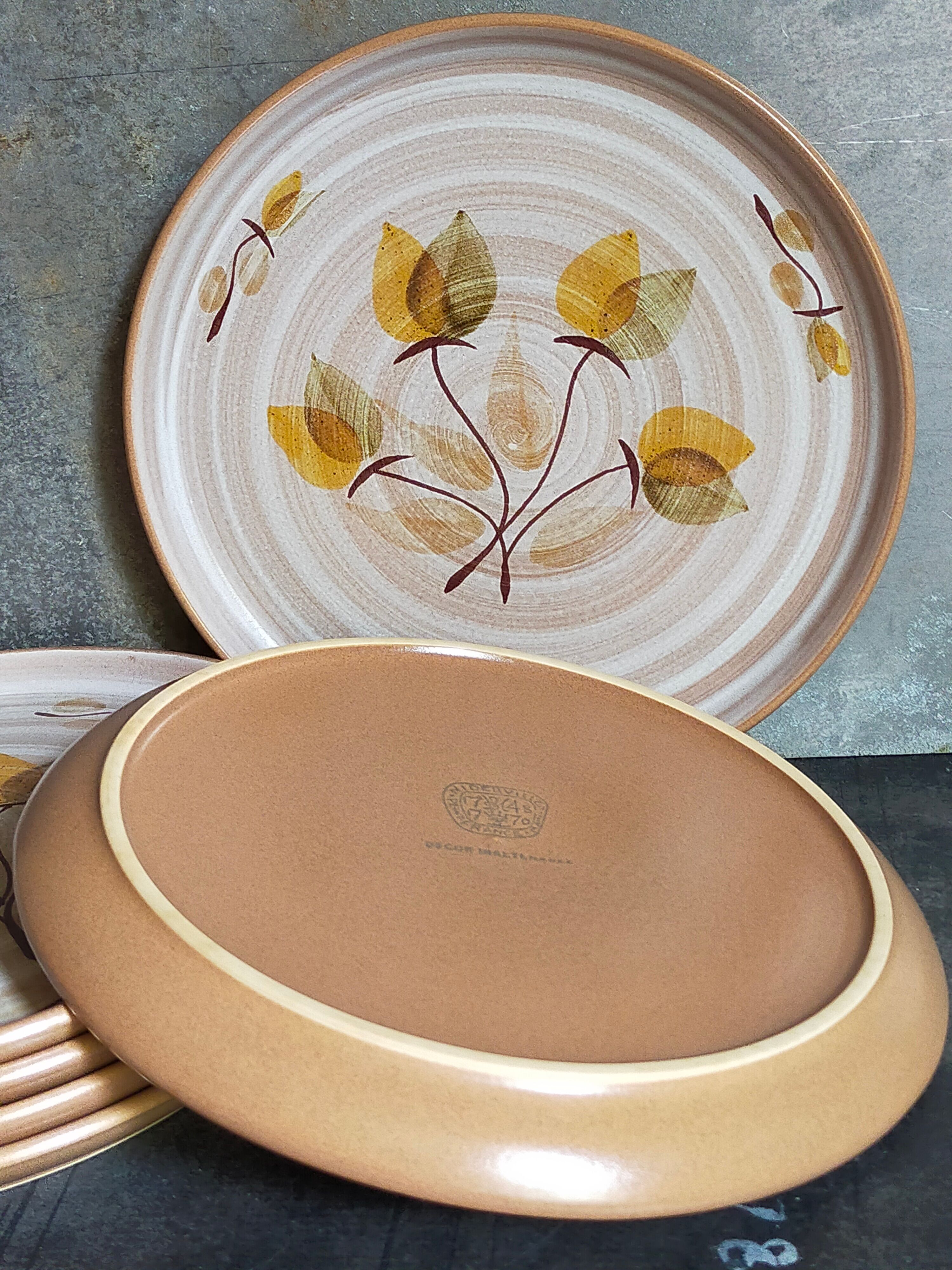 Six Niderviller stoneware plates with vintage plant décor