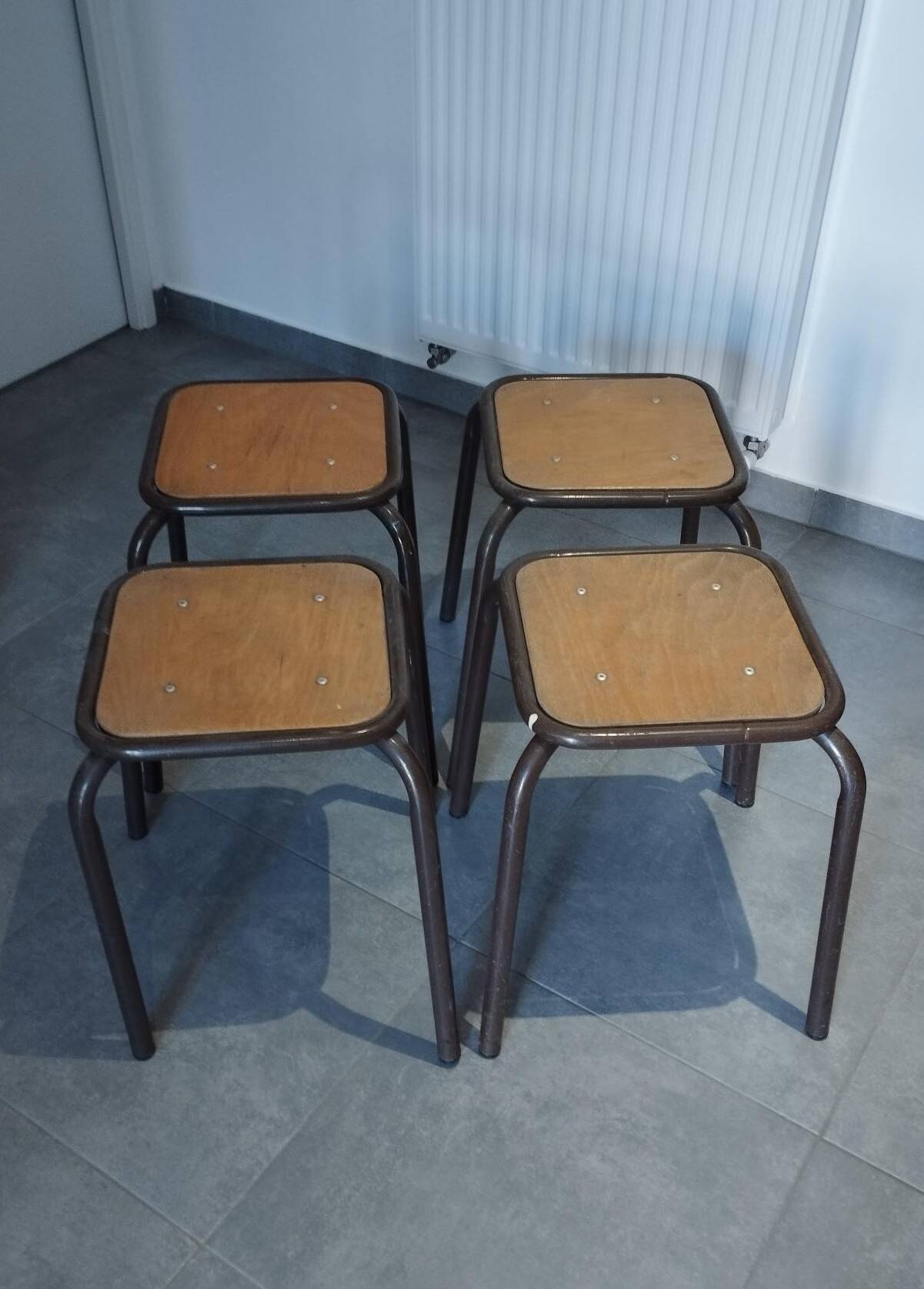 4 vintage industrial Mullca stools, workshop, school
