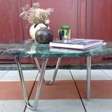 Round coffee table in green marble and chrome / vintage base 60s-70s