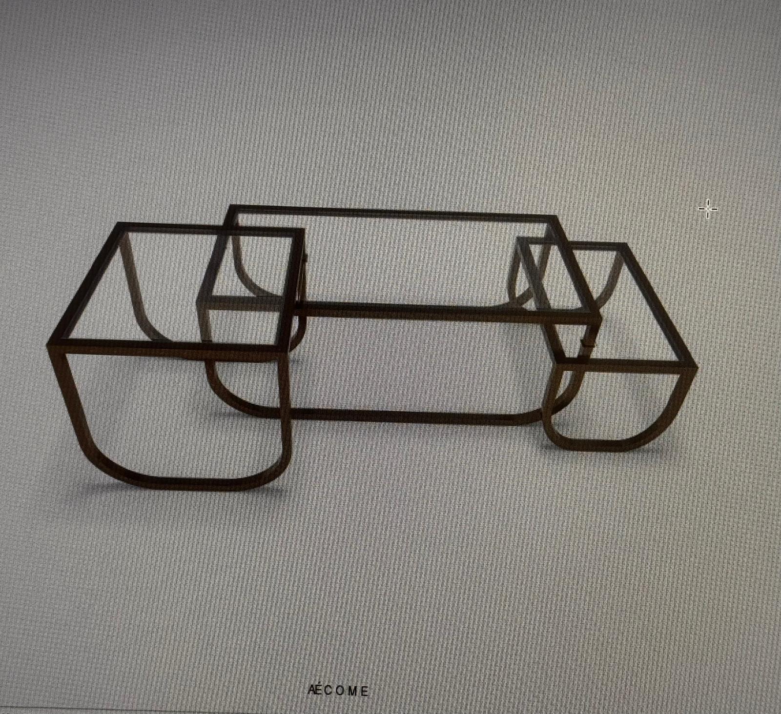 Asymmetrical metal-and-glass coffee table with curved architectural frame.