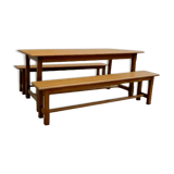 Farm table set and its 2 benches solid golden light wood