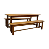 Farm table set and its 2 benches solid golden light wood
