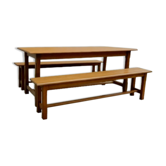 Farm table set and its 2 benches solid golden light wood