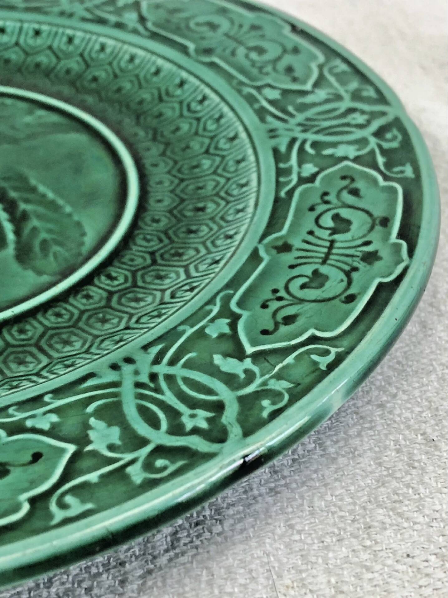 3 fruit plates Sarreguemines majolica shaded enamel Rubelles