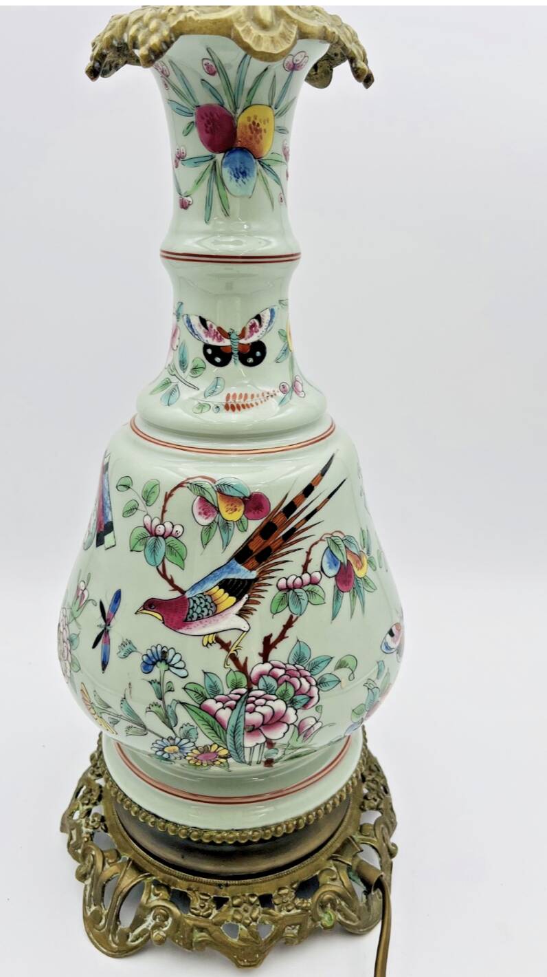 Chinese bronze and porcelain lamp decorated with insects and flowers