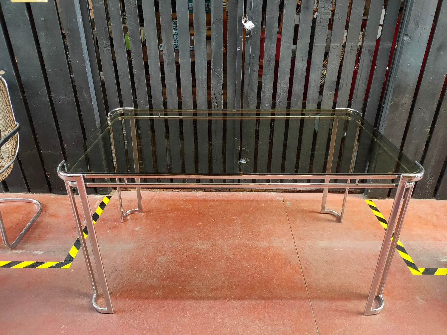 Vintage Italian table with tubular frame and smoked glass, 1970