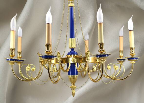 A True Gem, this Chandelier with Bright Gold Finish & Royal Blue in Bronze, Eight Lights.