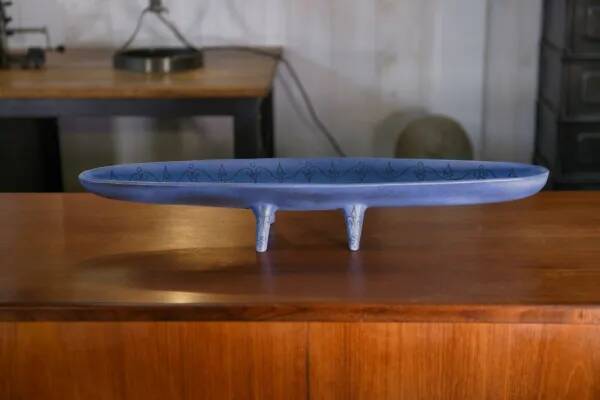 Long blue ceramic signed Atelier Mornac 1950s