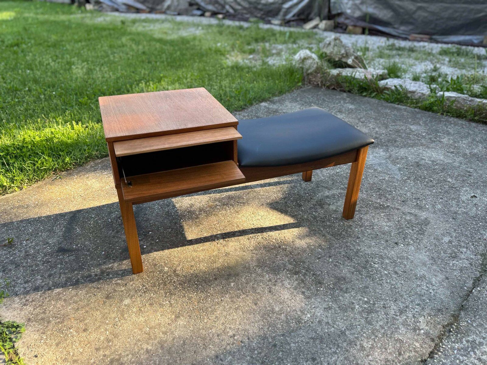 Vintage teak telephone bench with vinyl seat, 1960s