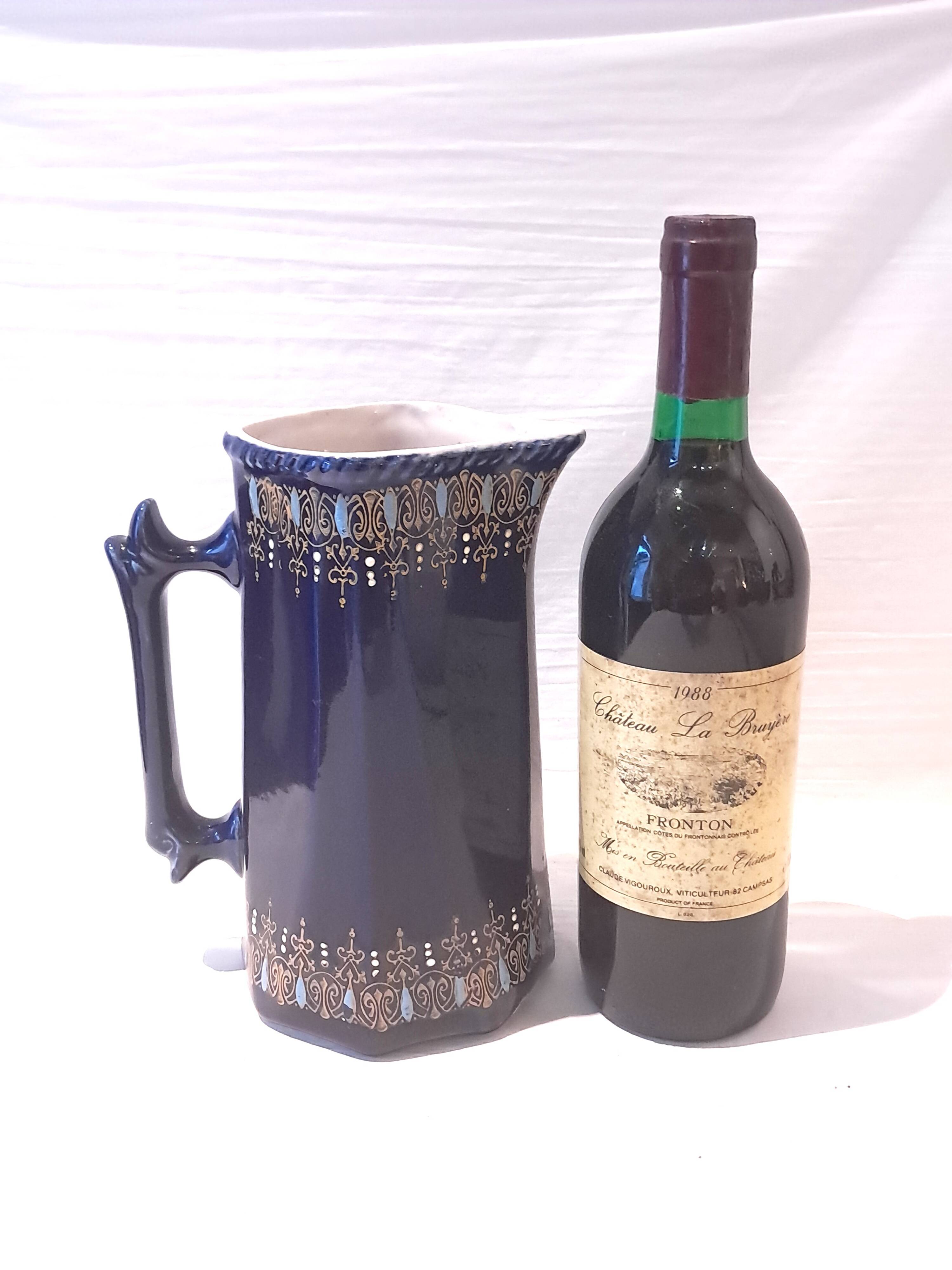 Antique Cobalt Blue Earthenware Jug With Enamelled Decor