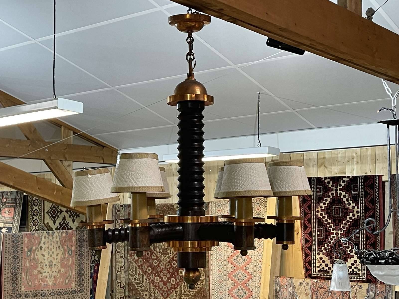 6-light oak chandelier from the 50s