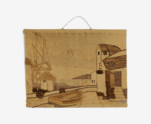 Tapisserie en jute année 70 Barque et maison