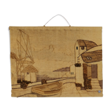 Tapestry in jute year 70 Boat and house
