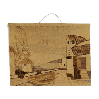 Tapisserie en jute année 70 Barque et maison