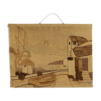 Tapestry in jute year 70 Boat and house