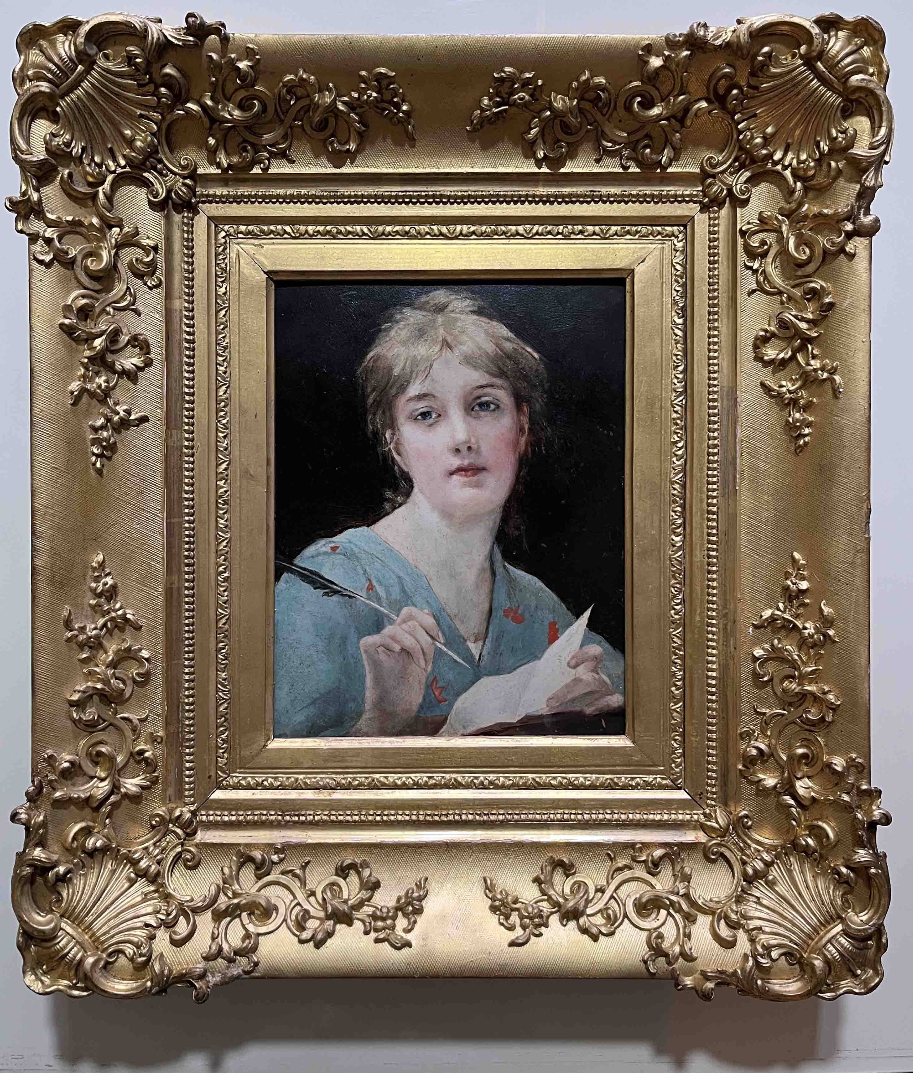 Tableau HSP circa 1900 Portrait Art Nouveau "Woman with the Letter" + frame