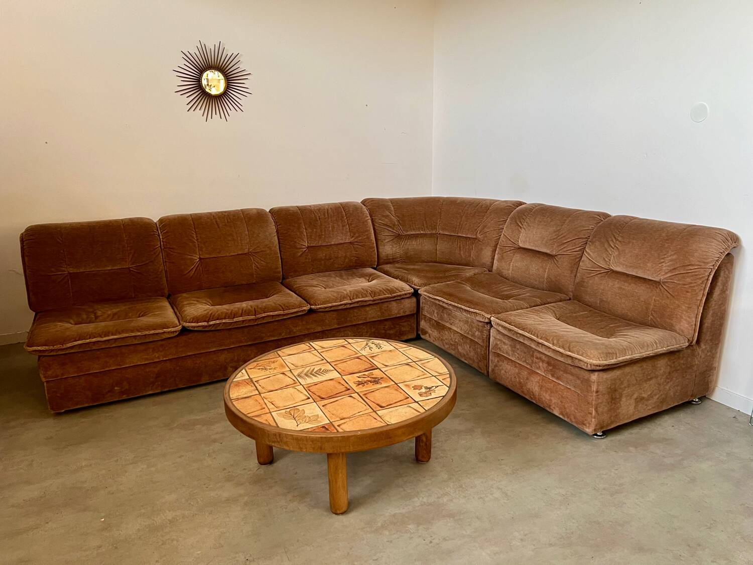 Old vintage modular corner sofa in designer velvet from the 70s/80s 4 elements