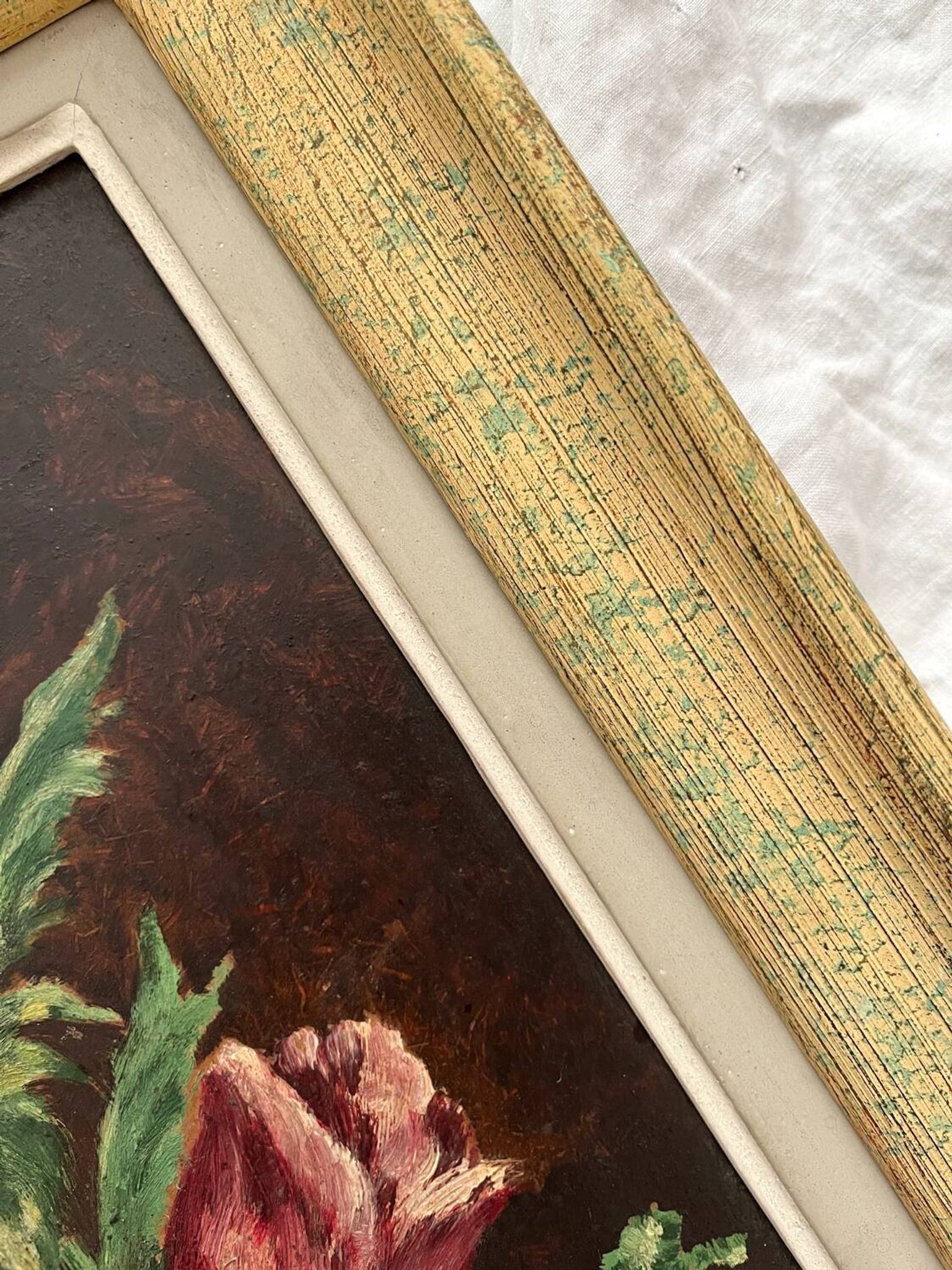 Antique painting, oil on cardboard, bouquet of anemones, signed