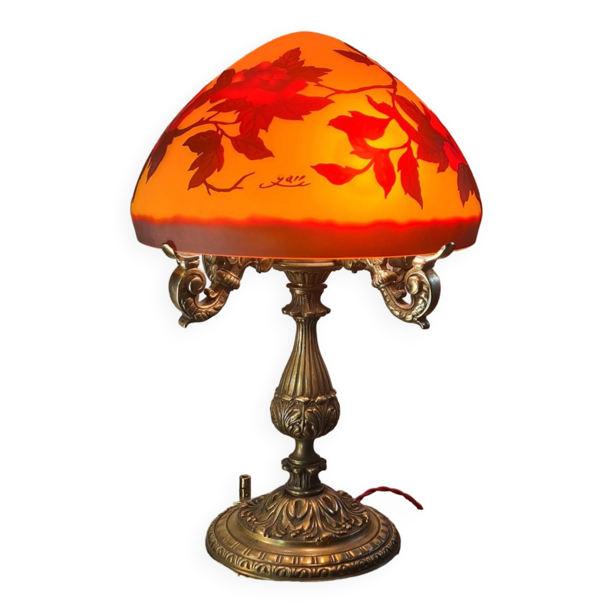 large bronze mushroom lamp with magnificent glass paste signed 7kg h51x33