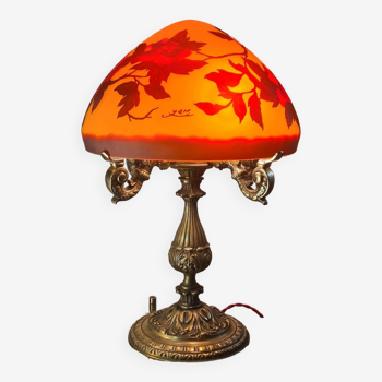 large bronze mushroom lamp with magnificent glass paste signed 7kg h51x33