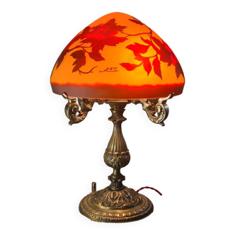 large bronze mushroom lamp with magnificent glass paste signed 7kg h51x33