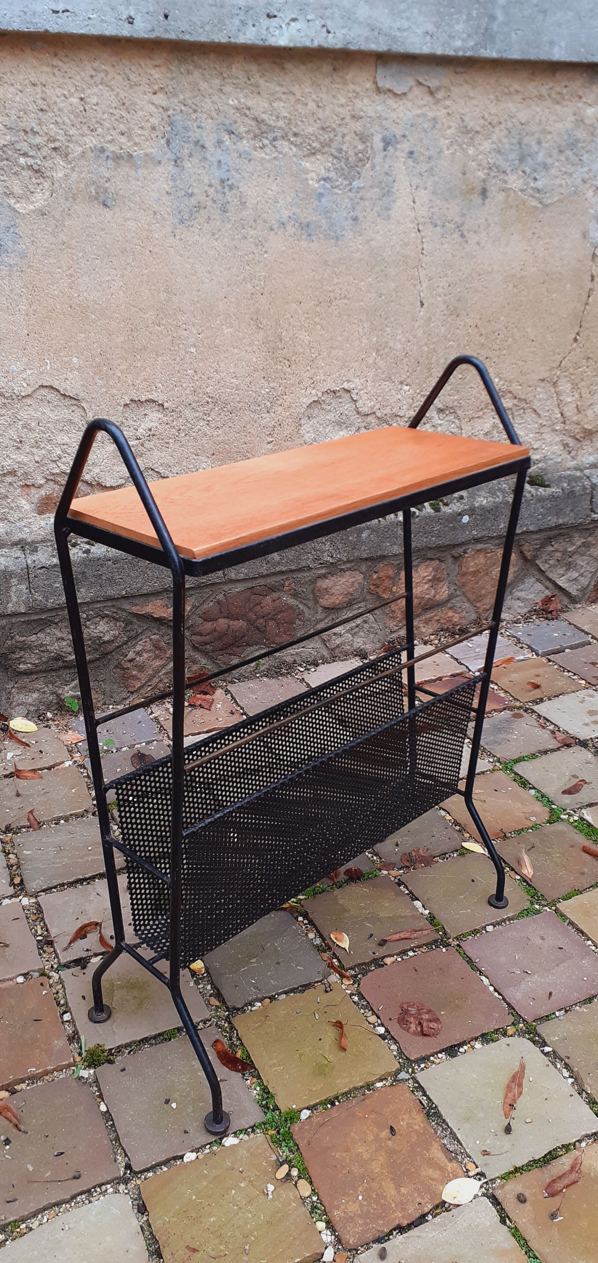 Vintage service year 50 perforated sheet metal and solid oak