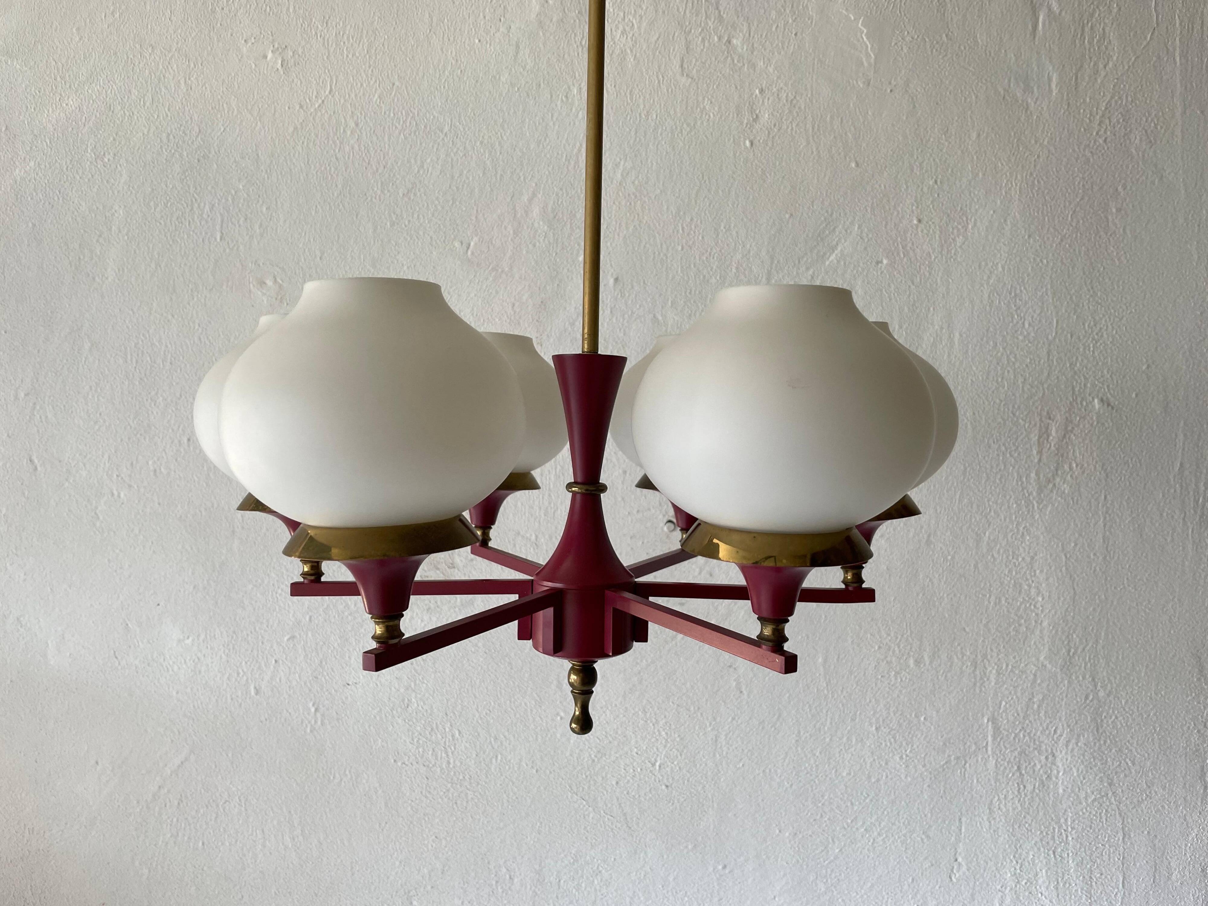 6 pendant lamps in glass and burgundy brass by Hans-Agne Jakobsson, 1960s, Sweden