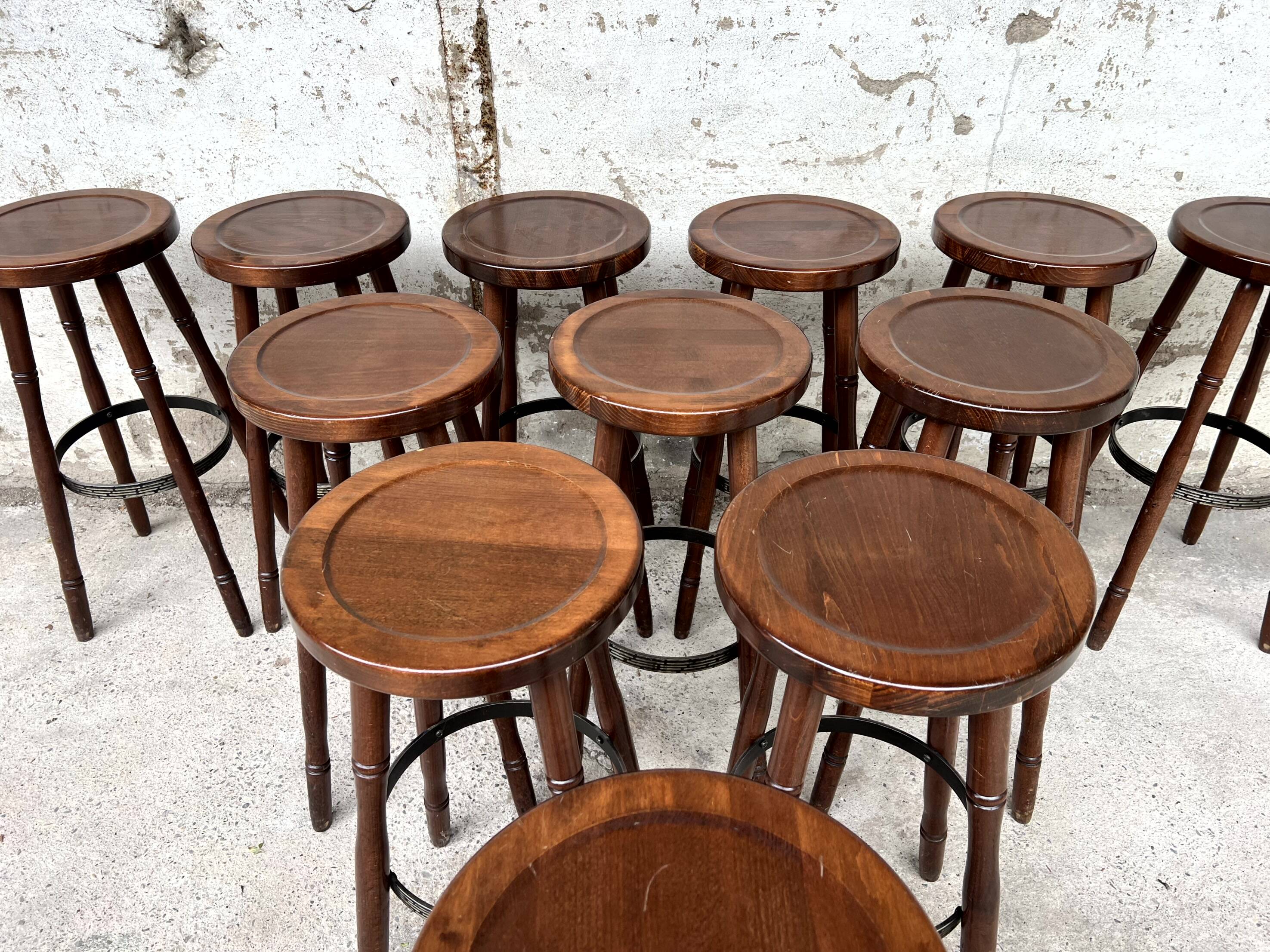 Set of 12 solid wood bar stools 1960 - 1970 vintage